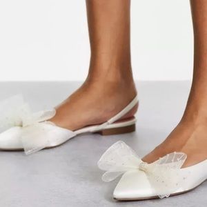 ASOS Design Loving Bow Slingback Ballet Flats - Ivory Satin Sz 10